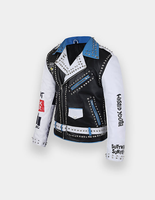 Men's Multi Color Brando Jacket, Genuine Cow Skin Leather Waist Belt Jacket, Punk Studded Jacket, Lapel Collar Shoulder Epaulets Jacket,